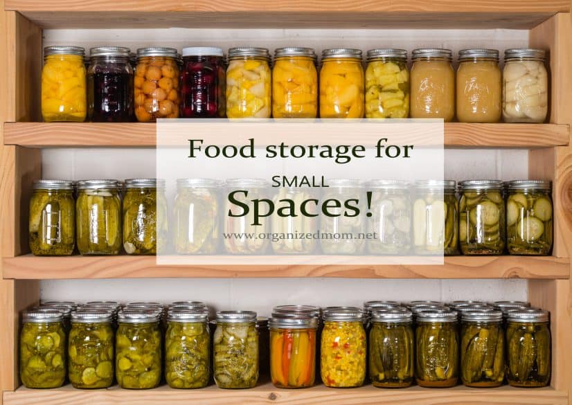 Storage shelves in pantry with homemade canned preserved fruits and vegetables