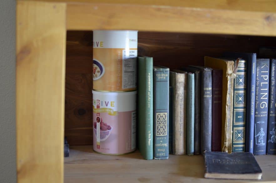 food storage on a book shelf