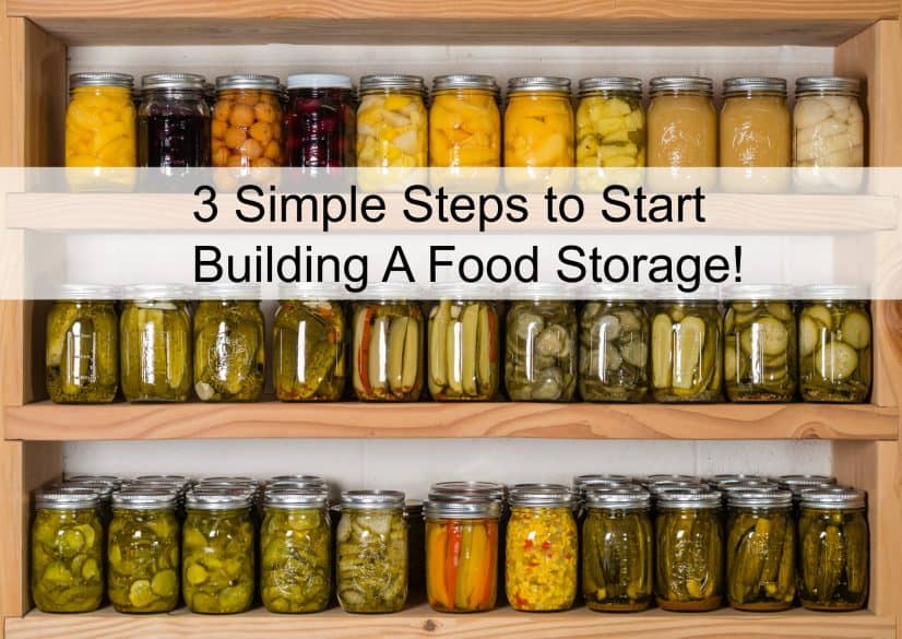 Storage shelves in pantry with homemade canned preserved fruits and vegetables