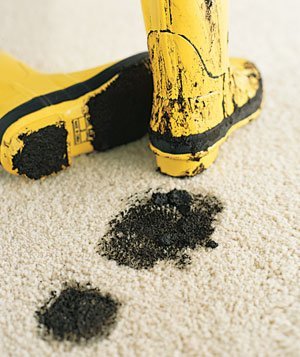 muddy boots, muddy footprint on carpet