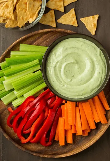 appetizer, celery, peppers, carrots, and yogurt