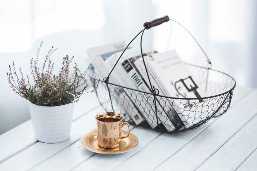 books in wire basket