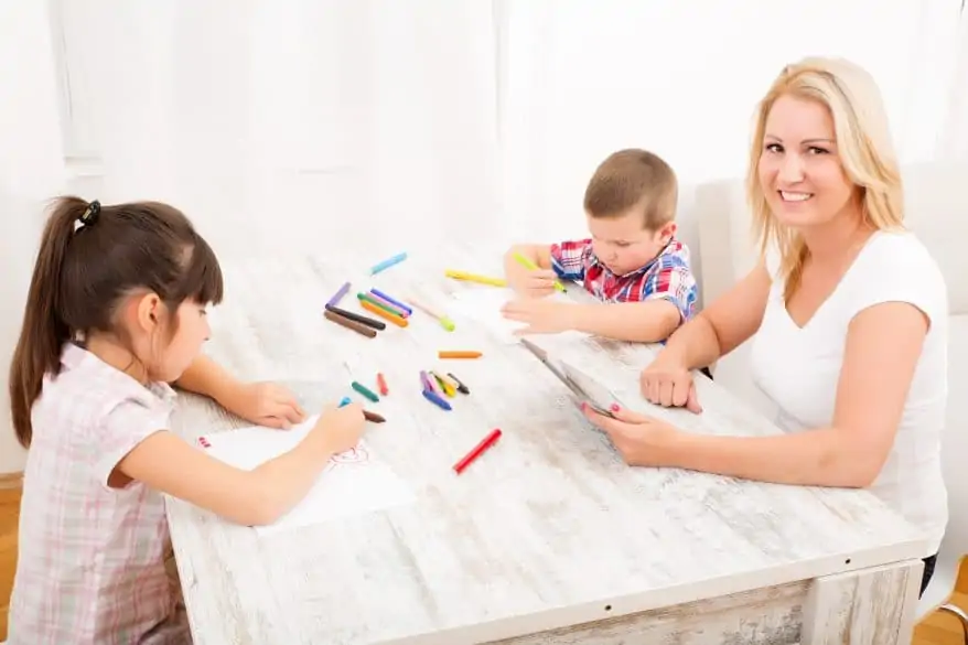 mom and kids coloring