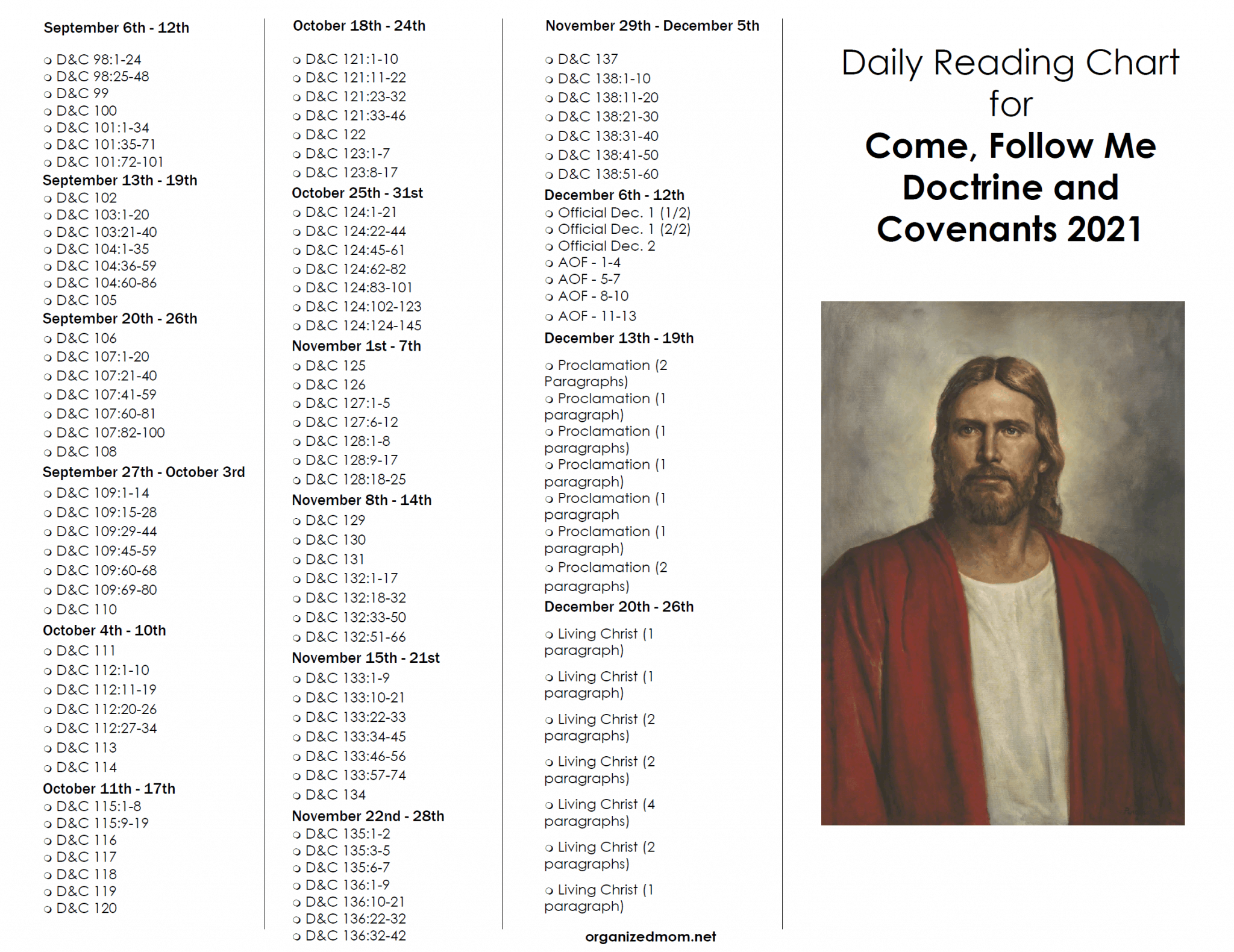 FREE Doctrine and Covenants Daily Reading Chart for Come, Follow Me ...