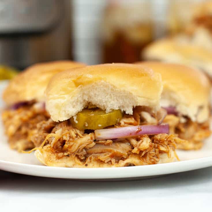 bbq chicken sliders with pickles and onion