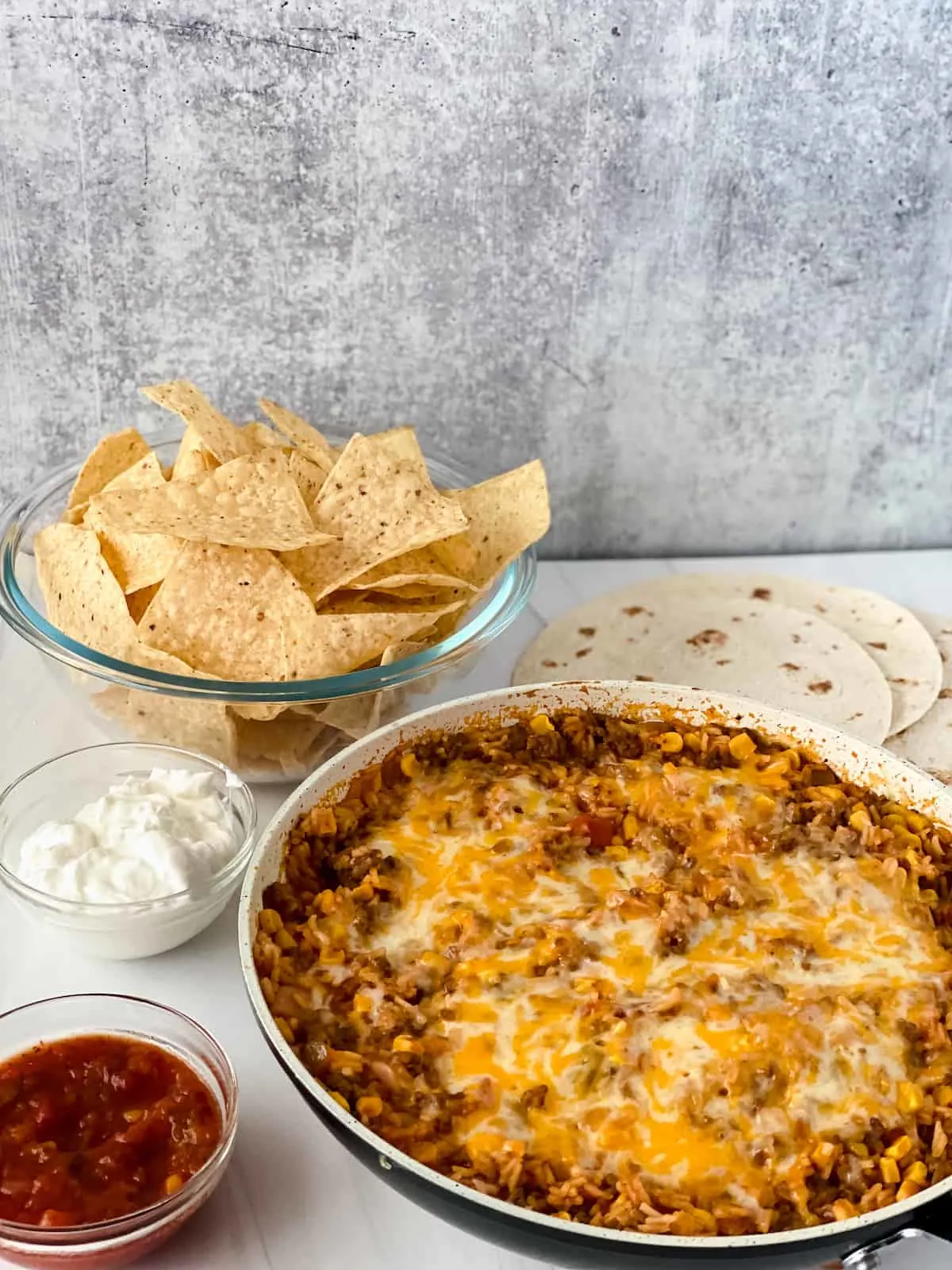 Mexican rice skillet with chips and salsa 