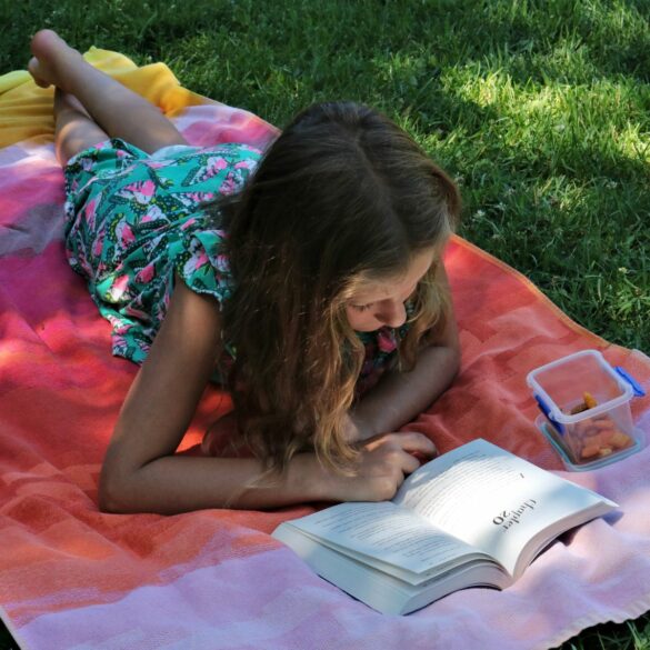 girl reading on a blanket kids saying I'm bored