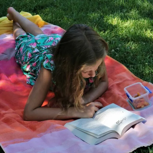 girl reading on a blanket kids saying I'm bored