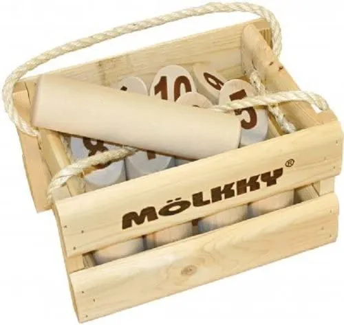 Mölkky game pins in their carrying case. family reunion games