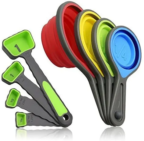 Colorful collapsable measuring cups and spoons.