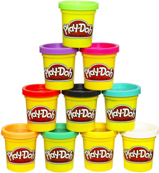 Play-Doh tubs stacked like a pyramid.