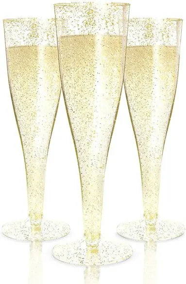 3 plastic flute glasses with sparkles.