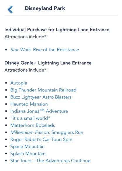 A list of Genie+ Lightening Lane attractions.