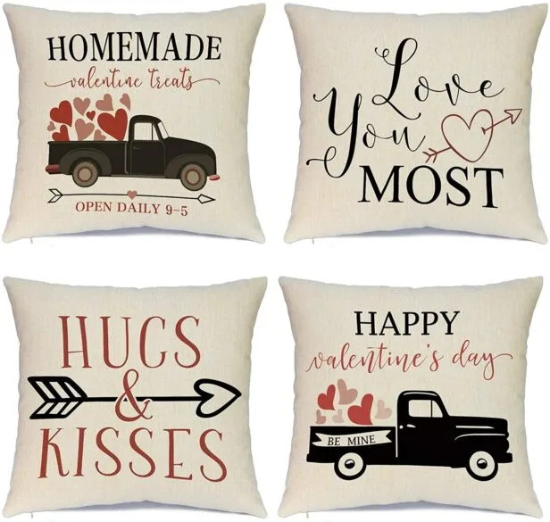 4 decorative pillows with Valentine sayings.