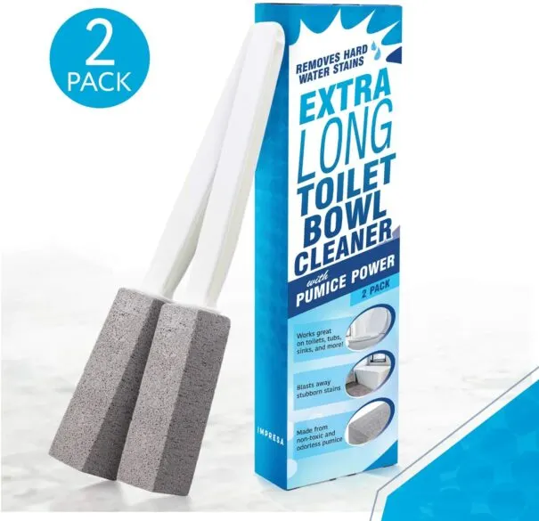 Extra long toilet bowl cleaner with pumice stone.