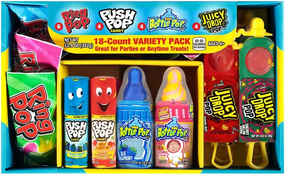 A box filled with Ring Pops, Push Pops, Bottle Pops, and Juicy Drop Pops.