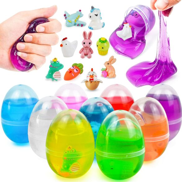 Clear Easter eggs filled with colored slime and a small toy.