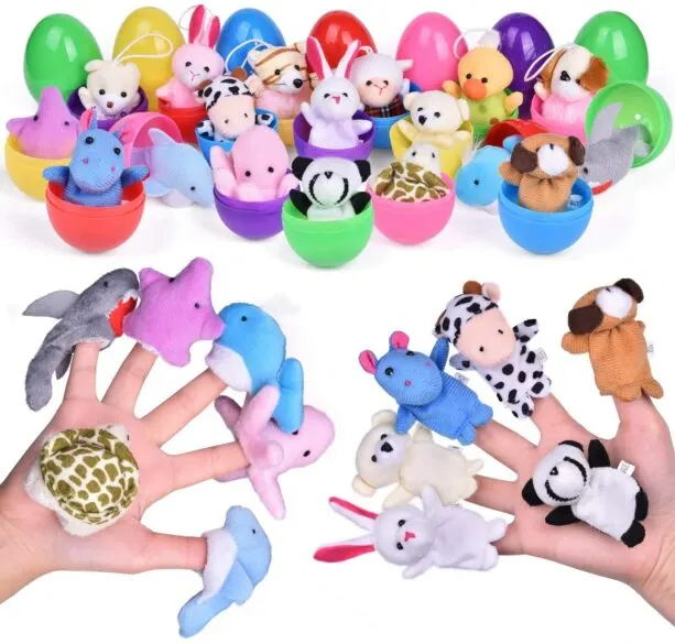 Hands with multiple finger puppet animals on them.