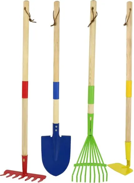 Kid's rakes, shovel and hoe.