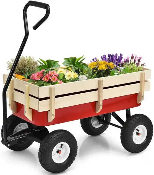 A larger red wagon with wood slats around the sides.