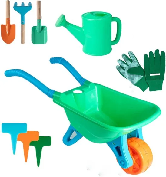 A smaller plastic wheelbarrow.