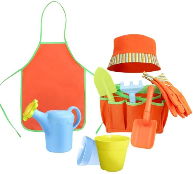 Kid's gardening kit with apron, hat, gloves, watering can, tools and pots.