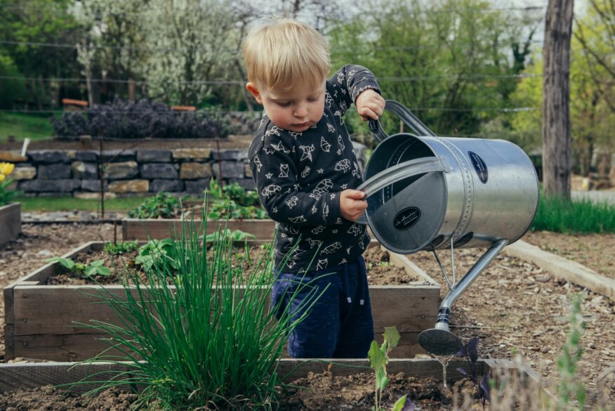 A child watering a garden with a large watering can.