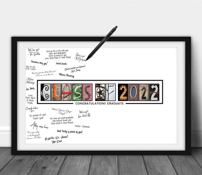 Framed, "Class of 2022" with signatures around it.