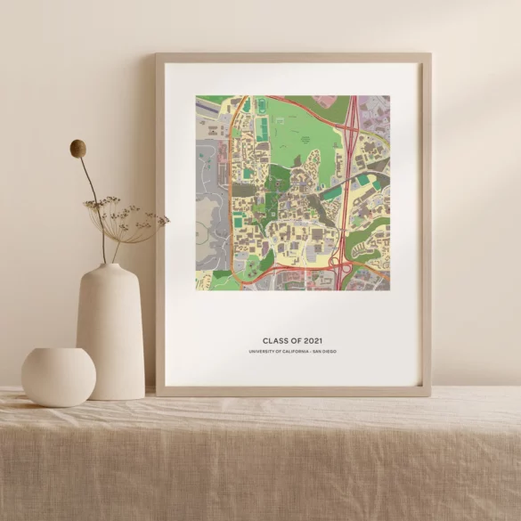 Framed map of a college campus.