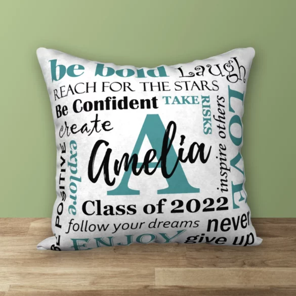 A throw pillow with encouraging words.