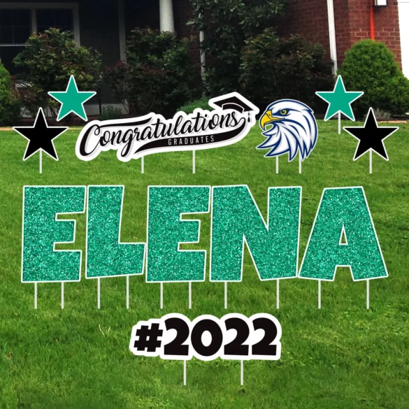 Yard signs with congratulations, stars, year and graduates name.