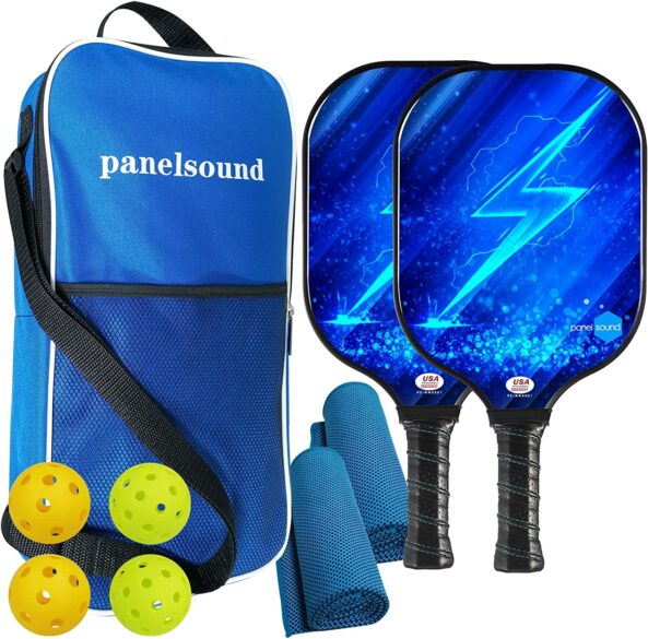 A pickleball set with 2 paddles, 4 balls, 2 towels and a carrying case.