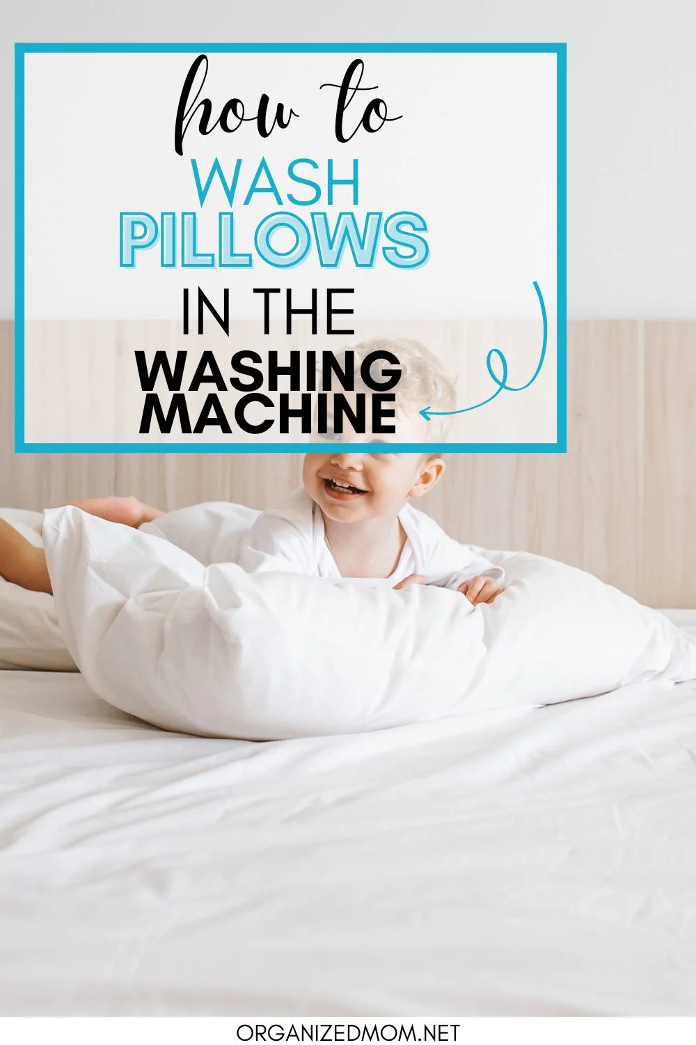 pinterest pin about how to wash pillows in the washing machine
