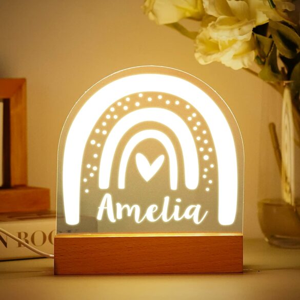 An LED lamp with a rainbow and the name Amelia.