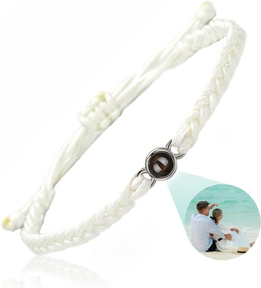 A bracelet with a projection picture inside and a larger shot of the picture inside.