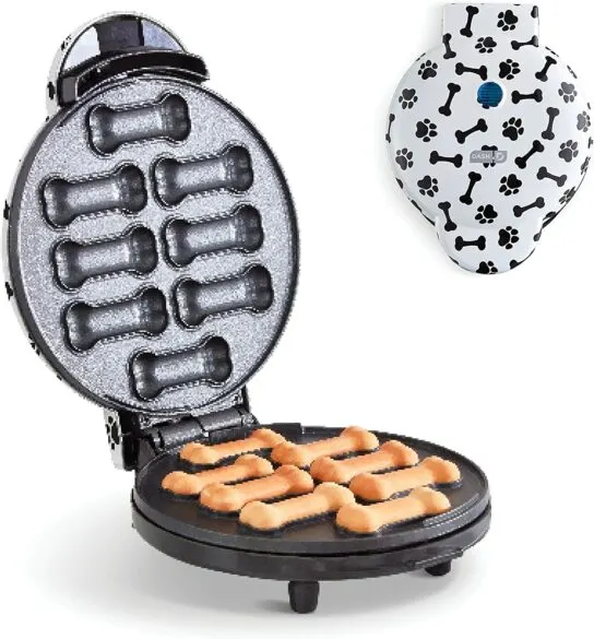 A dog treat maker that looks like a waffle maker.