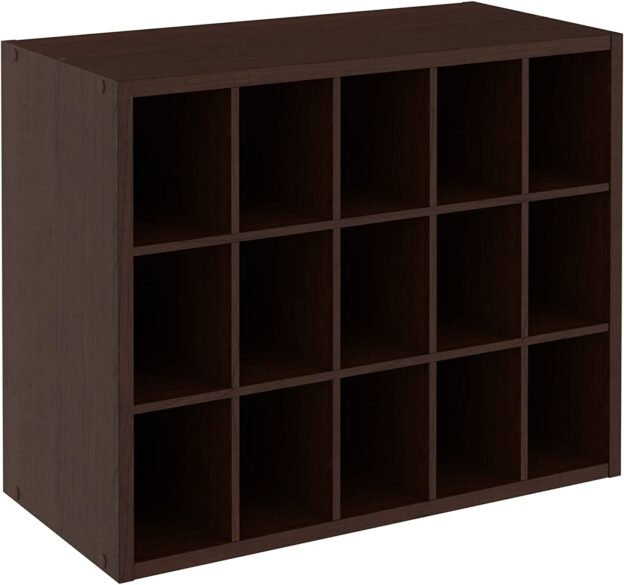 A brown 5x3 shoe storage cube organizer.