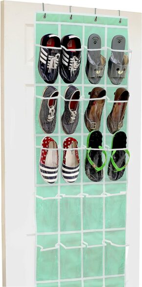 Shoe organizer hanging on the back of a door.