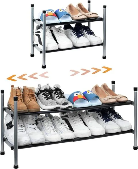 A two tiered shoe rack with shoes on it.