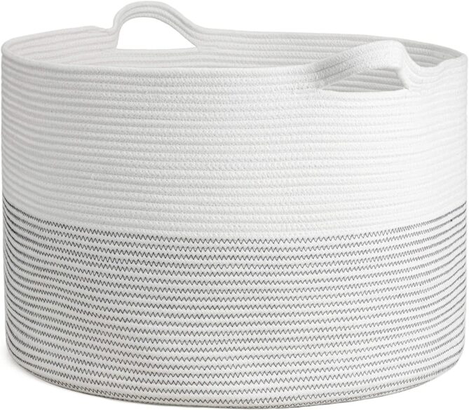 A white and gray rope basket.