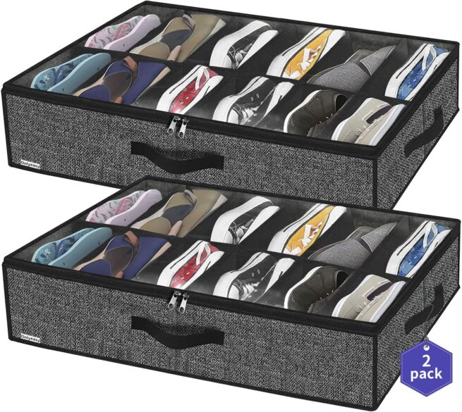 Storage containers for shoes that can be slid under a bed.