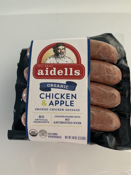 a package of Chef Bruce Aidells chicken and apple sausage.