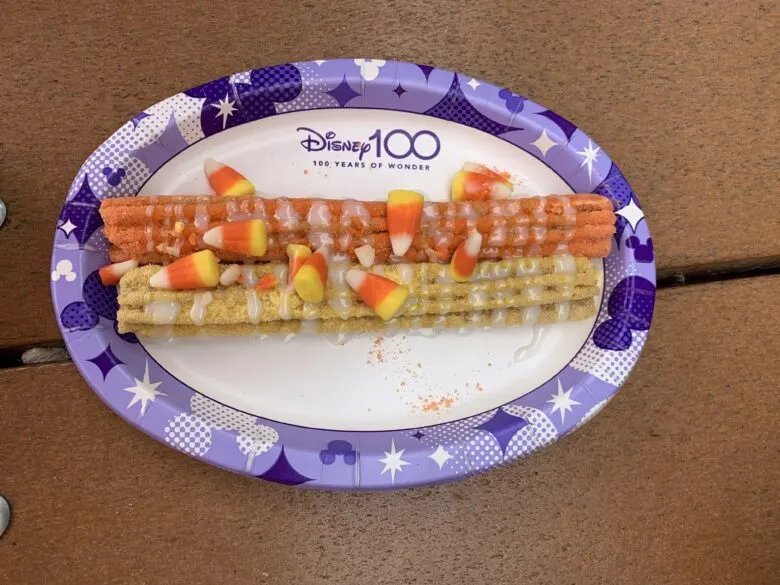 A plate with the Candy Corn Churros.