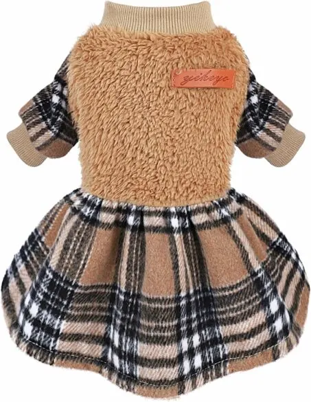 A brown fleece and plaid sweater dress.