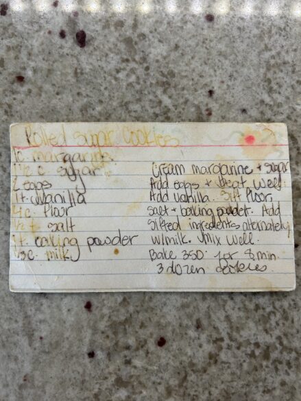 Handwritten sugar cookie recipe that is old and worn.