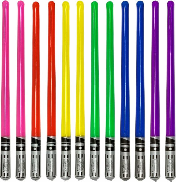 12 different colored blow up lightsabers.