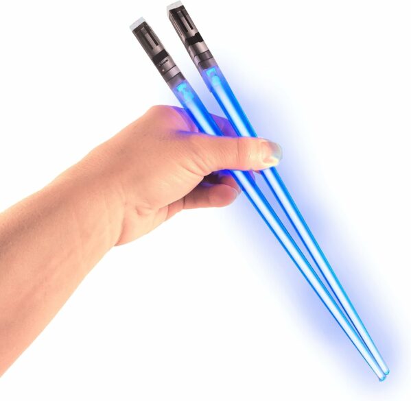 A pair of blue lightsaber chopsticks.