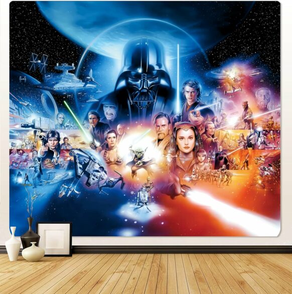 A large Star Wars photo backdrop featuring Star Wars characters.